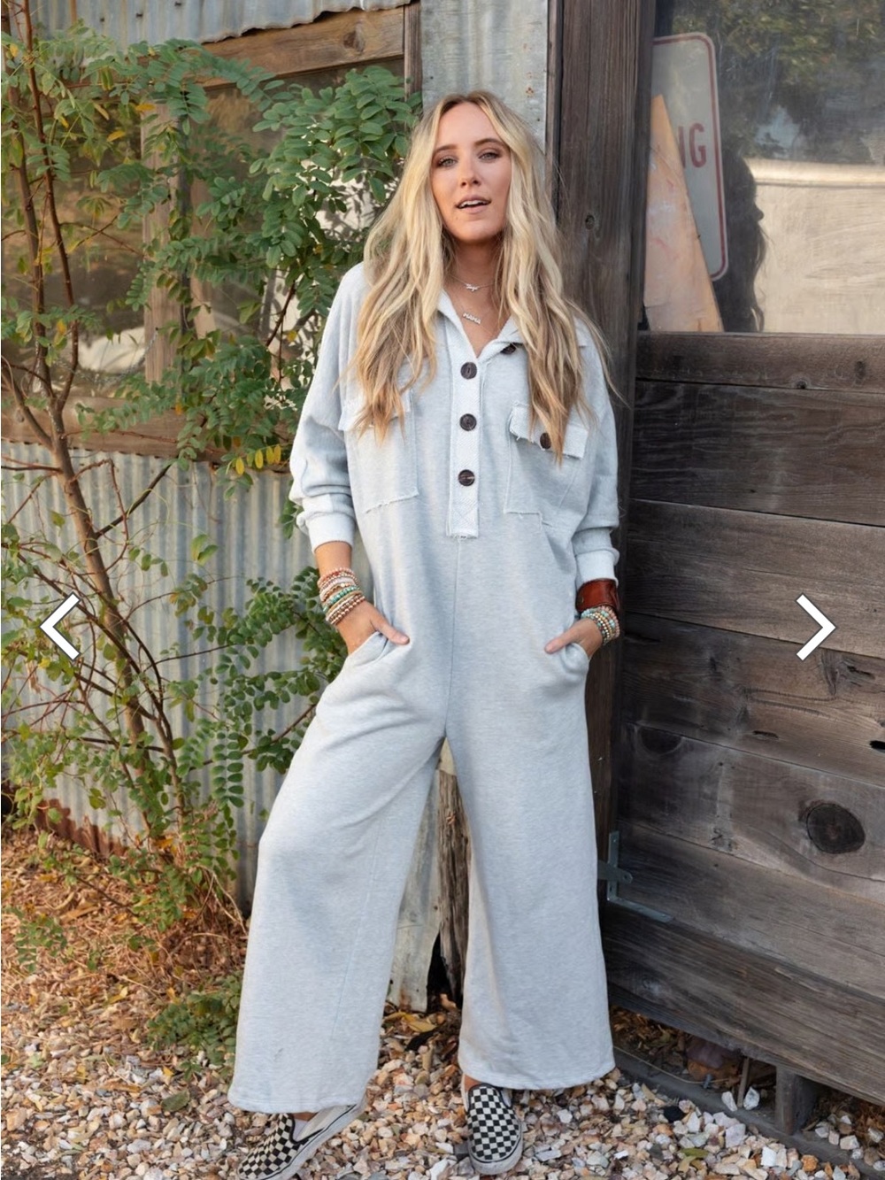 Light Gray Women's Wide Leg Jumpsuit with Button Placket